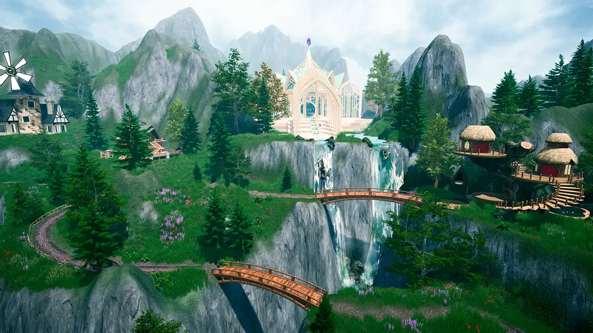 Many Worlds scenery including player farms, tavern and waterfalls